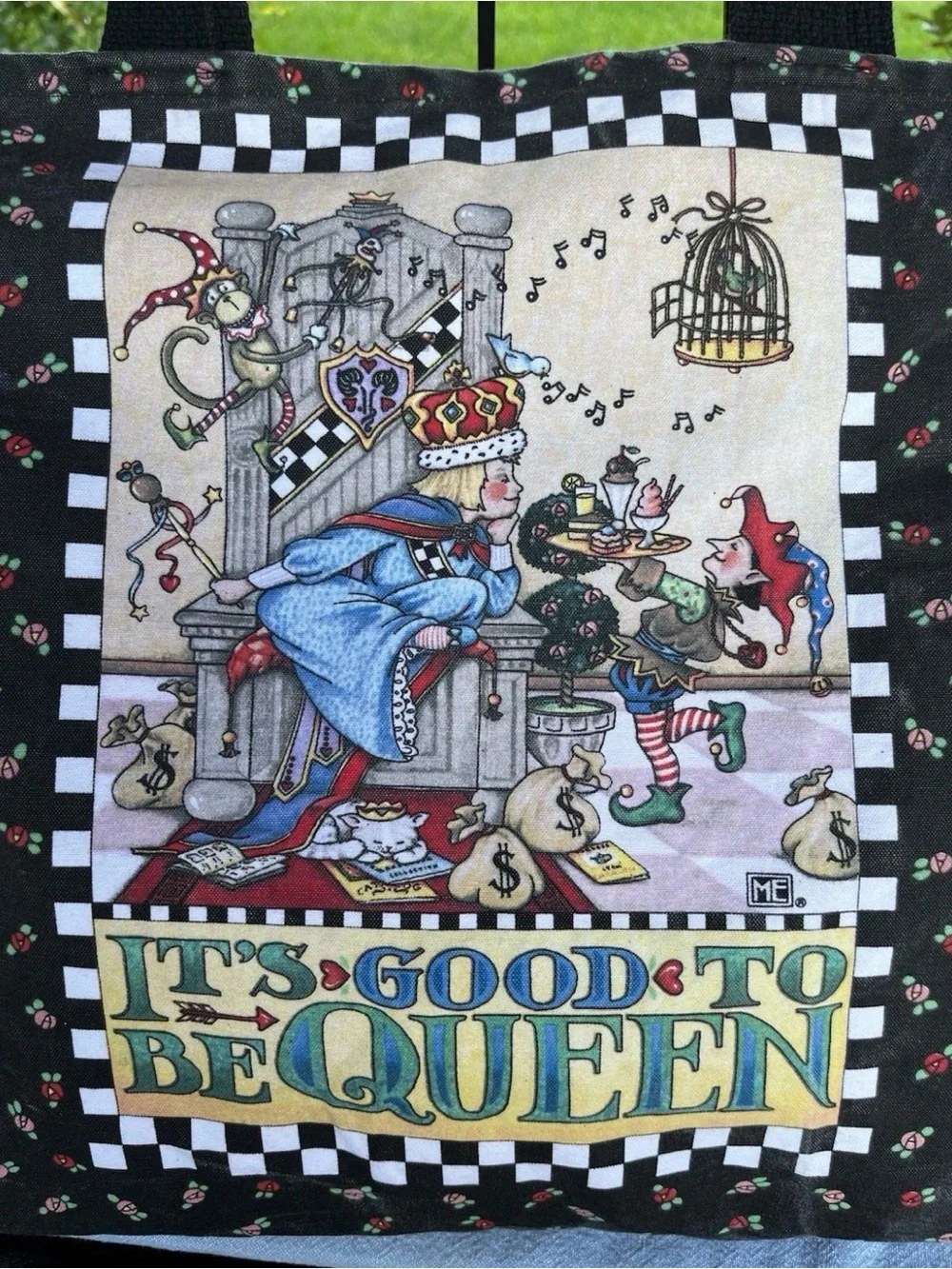 MARY ENGELBREIT  “It's Good to Be Queen” Black Floral Tote Bag